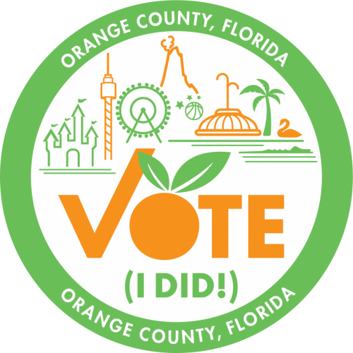 Vote sticker with Orange County landmarks and "Orange County, Florida" around the green edge.